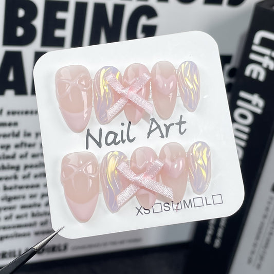 Sweet and cute nail patch hand-painted French  almonds Handmade press on nails  sticker｜365nails