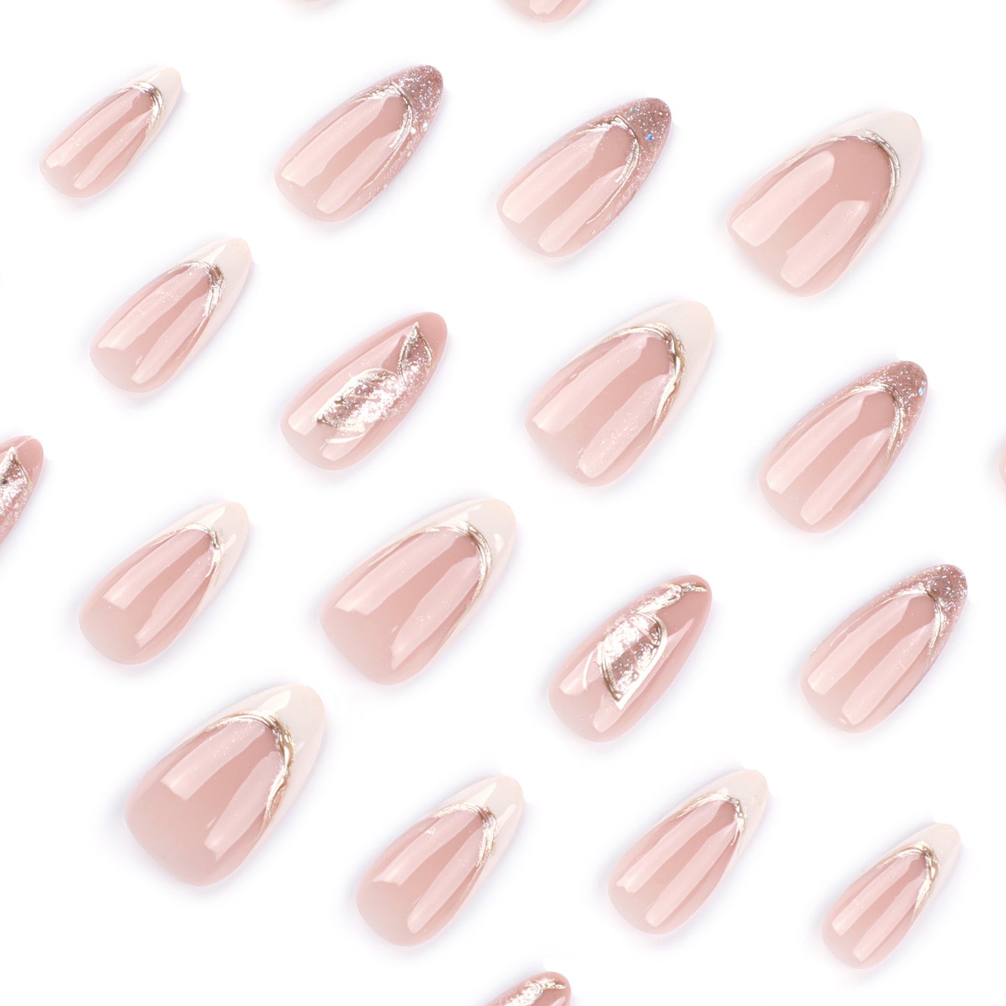 Sparkling Powder Sequins Butterfly French White 3D Gold Dust Short Almonds press-on nails