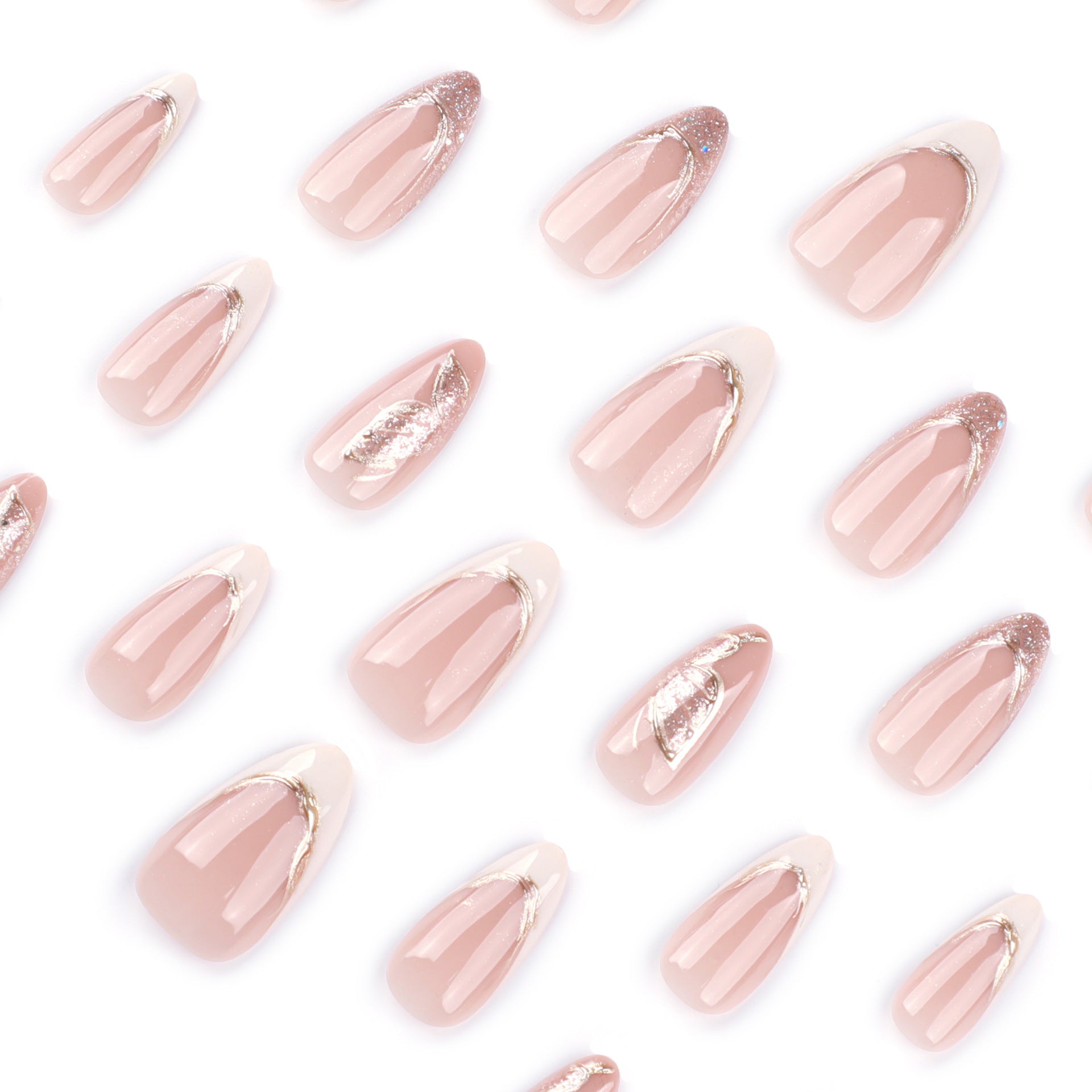 Sparkling Powder Sequins Butterfly French White 3D Gold Dust Short Almonds press-on nails