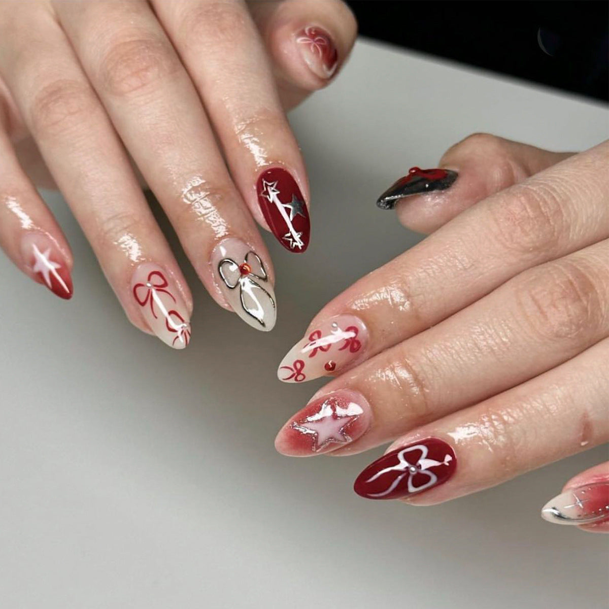 甜美 INS 風蝴蝶結星星腮紅色穿戴甲｜365nails