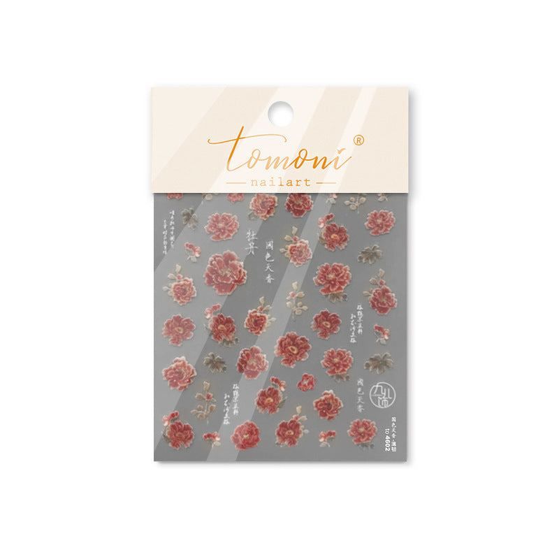 Red Peony & Oriental Calligraphy Nail Sticker Set – "Crimson Peony Elegance"