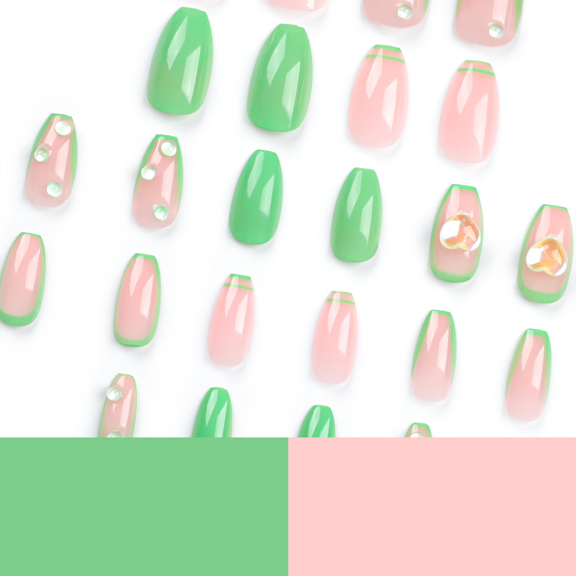 Small fresh French green edge press on nails solid color green manicure short ballet human fish bead love nail wholesale｜365nails