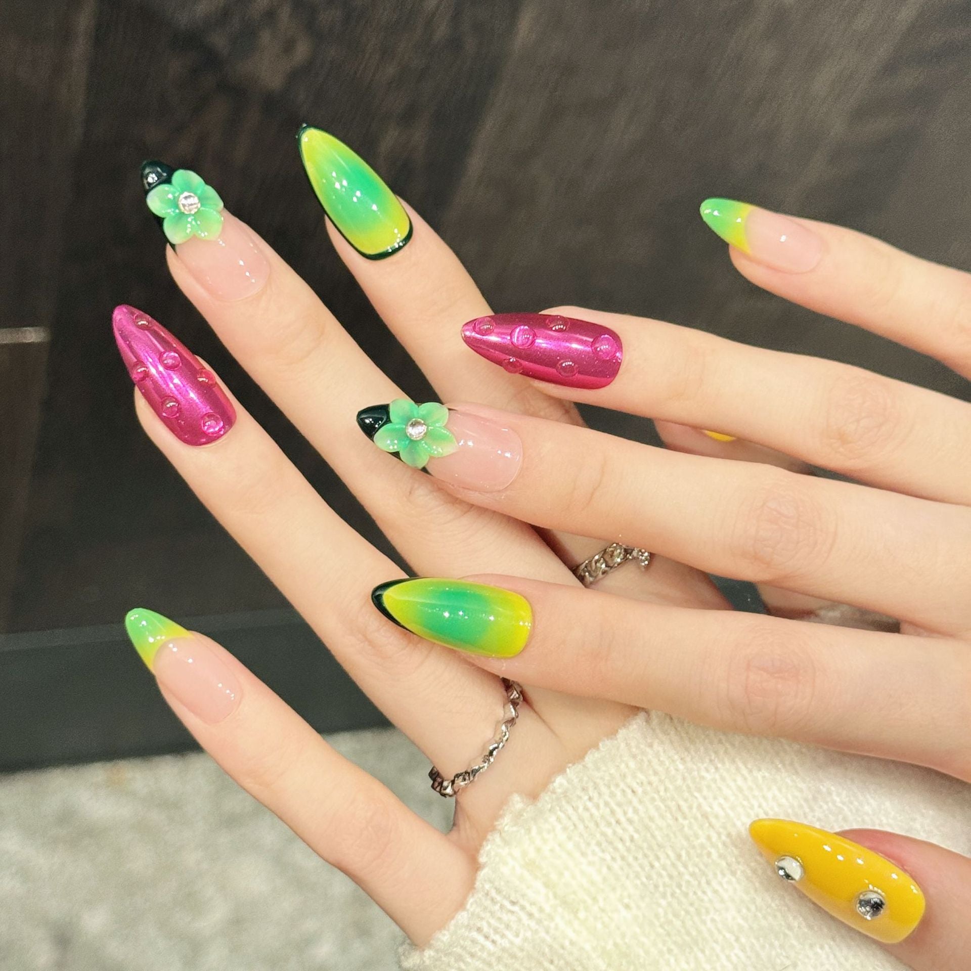 365nails: "Neon Tropics" – 3D Floral & Gradient Handmade Coffin Nails