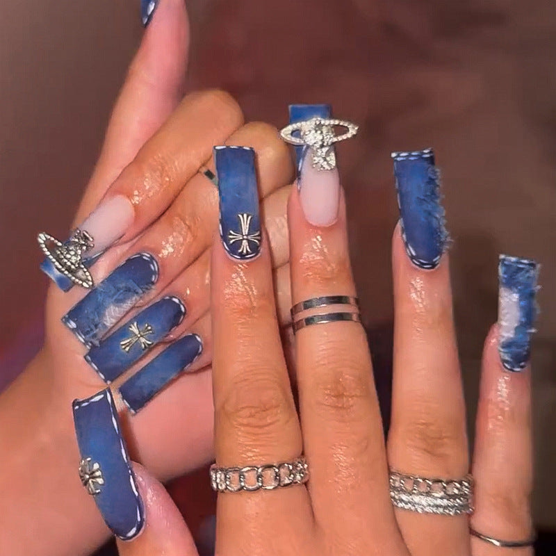 Uñas postizas de mezclilla azul roto, con flecos cruzados, diseño francés extra largo, extraíble, producto terminado, venta al por mayor | 365nails