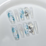 Handmade press-on nails ice through hand-painted flowers extended nail patch wearable nail sticker wholesale｜365nails