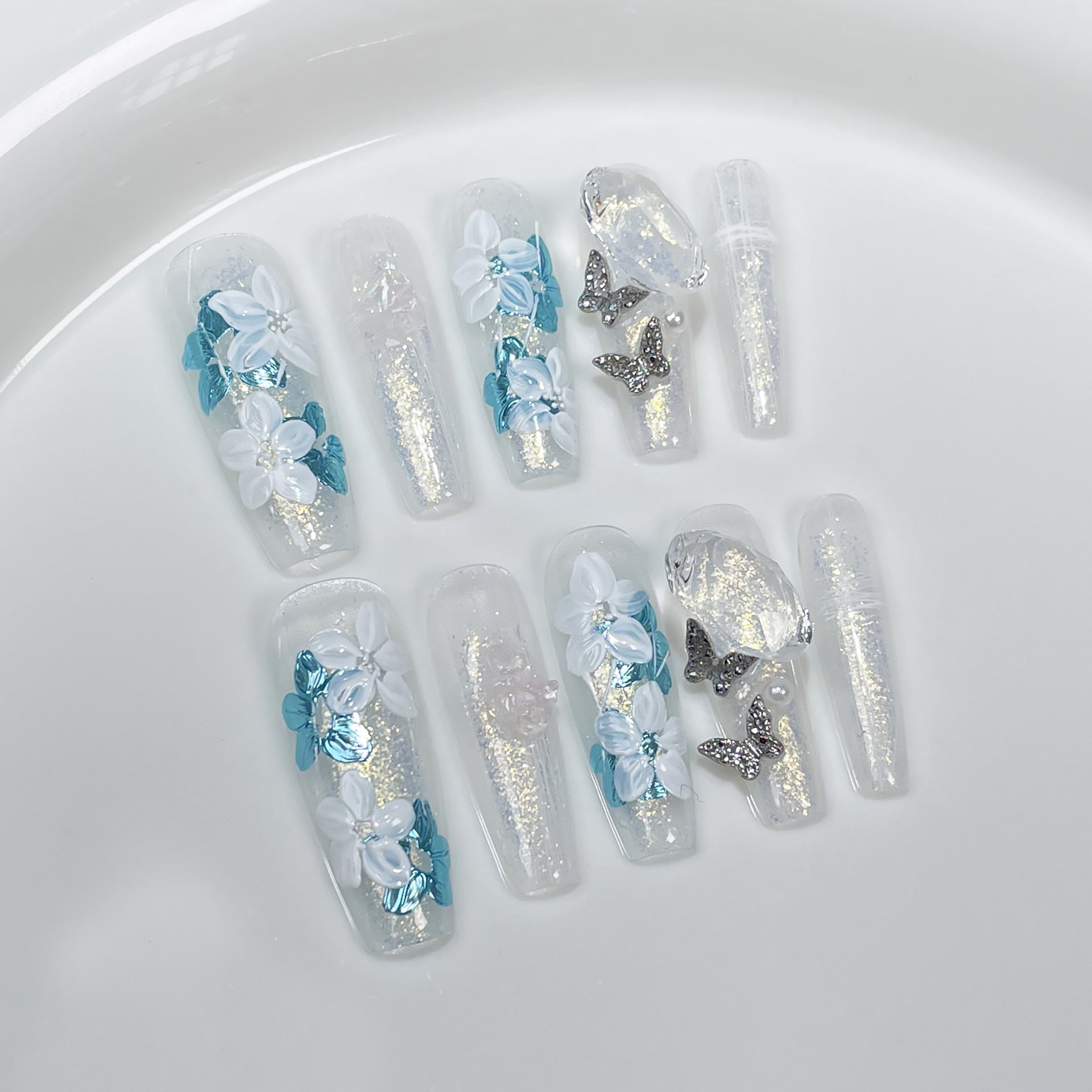 Handmade press-on nails ice through hand-painted flowers extended nail patch wearable nail sticker wholesale｜365nails