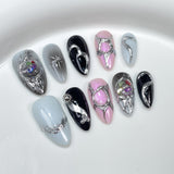 Sweet and cool  Handmade press on nails metal hand-painted irregular shape  almond nail wearable nail sticker｜365nails