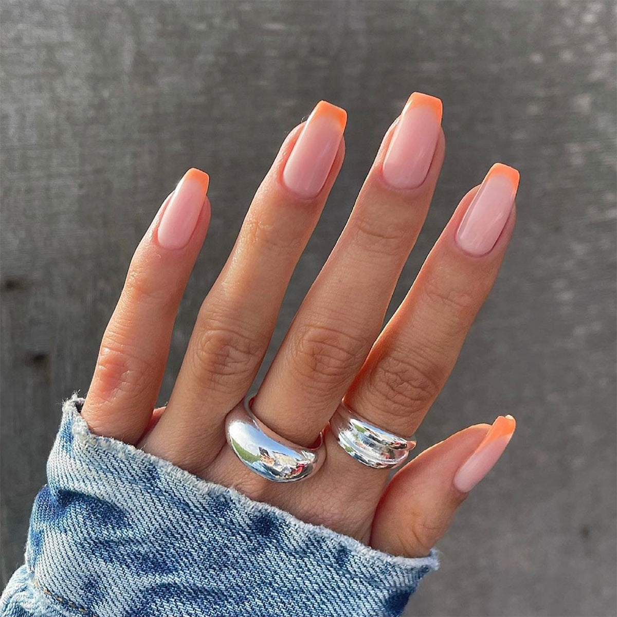 Unhas postiças de pressão com pérola francesa laranja nude, patch para arte de unha finalizada, remendo para unha à prova d'água removível ｜ 365 unhas