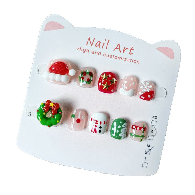 365nails-聖誕歡樂兒童系列：「節慶花圈與聖誕老公公」 – 兒童短款方形穿戴甲
