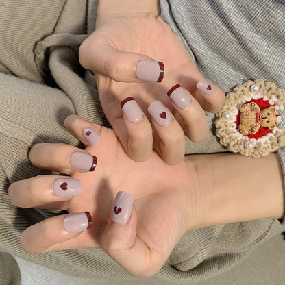 Café French Love Press em unhas postiças macias acabadas, unhas removíveis ｜365nails