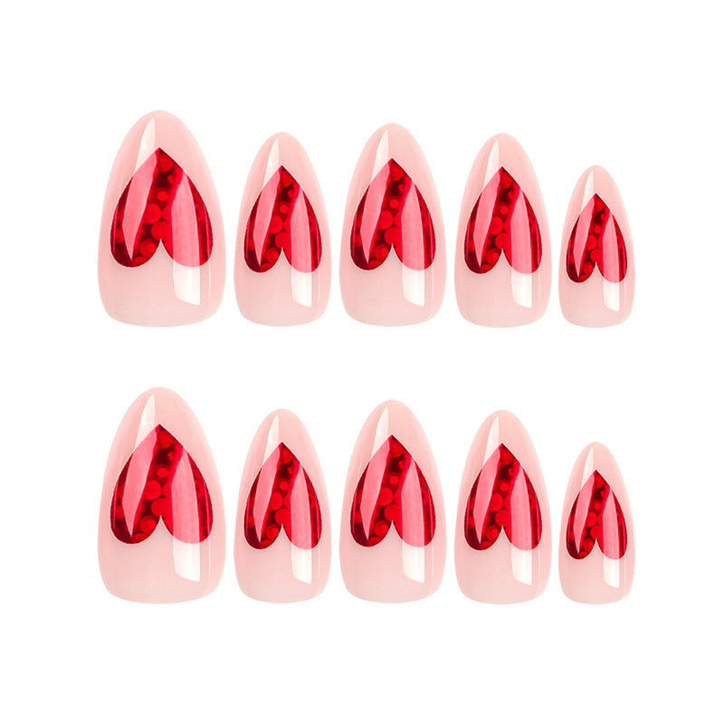 Uñas postizas con efecto bronceado, color nude y rojo, para San Valentín, con diseño de amor, almendra, pieza de uña extraíble, producto terminado | 365nails