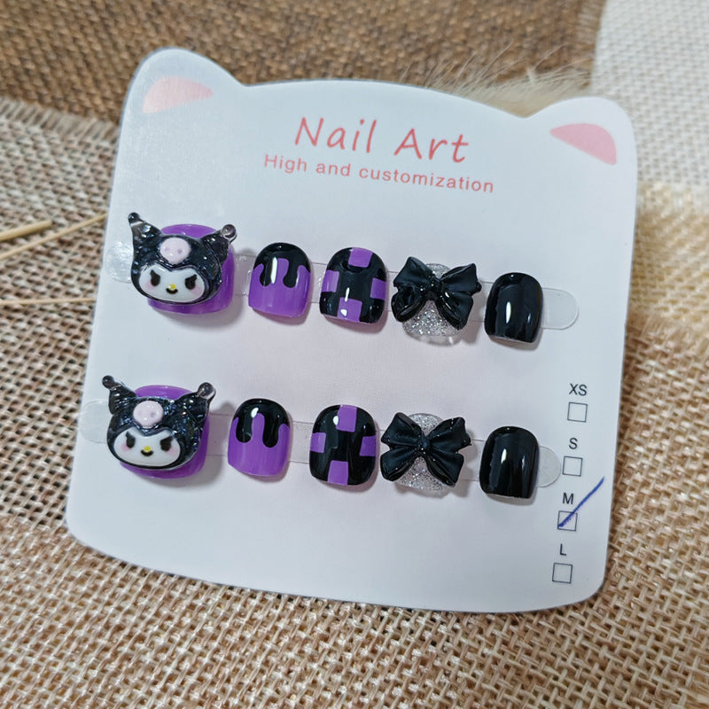 365Nails: "Kuromi Dark Fantasy" – Handmade Cute Short Oval Press On Nails With Kuromi & Bow Design