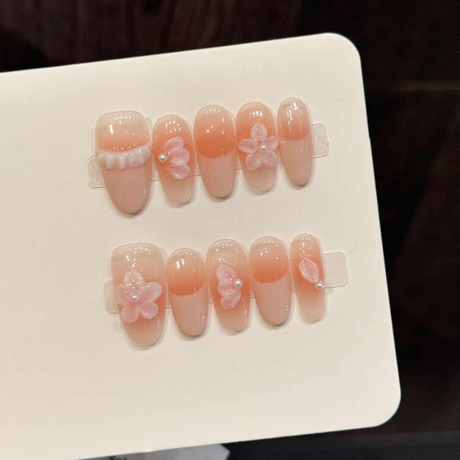 365nails: "Soft Pink Blossom" – Hand-Painted Floral Handmade Almond Nails