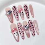 Uñas postizas hechas a mano con estampado de leopardo rosa, diseño de gato, dibujos animados, lazo para niña dulce | 365nails