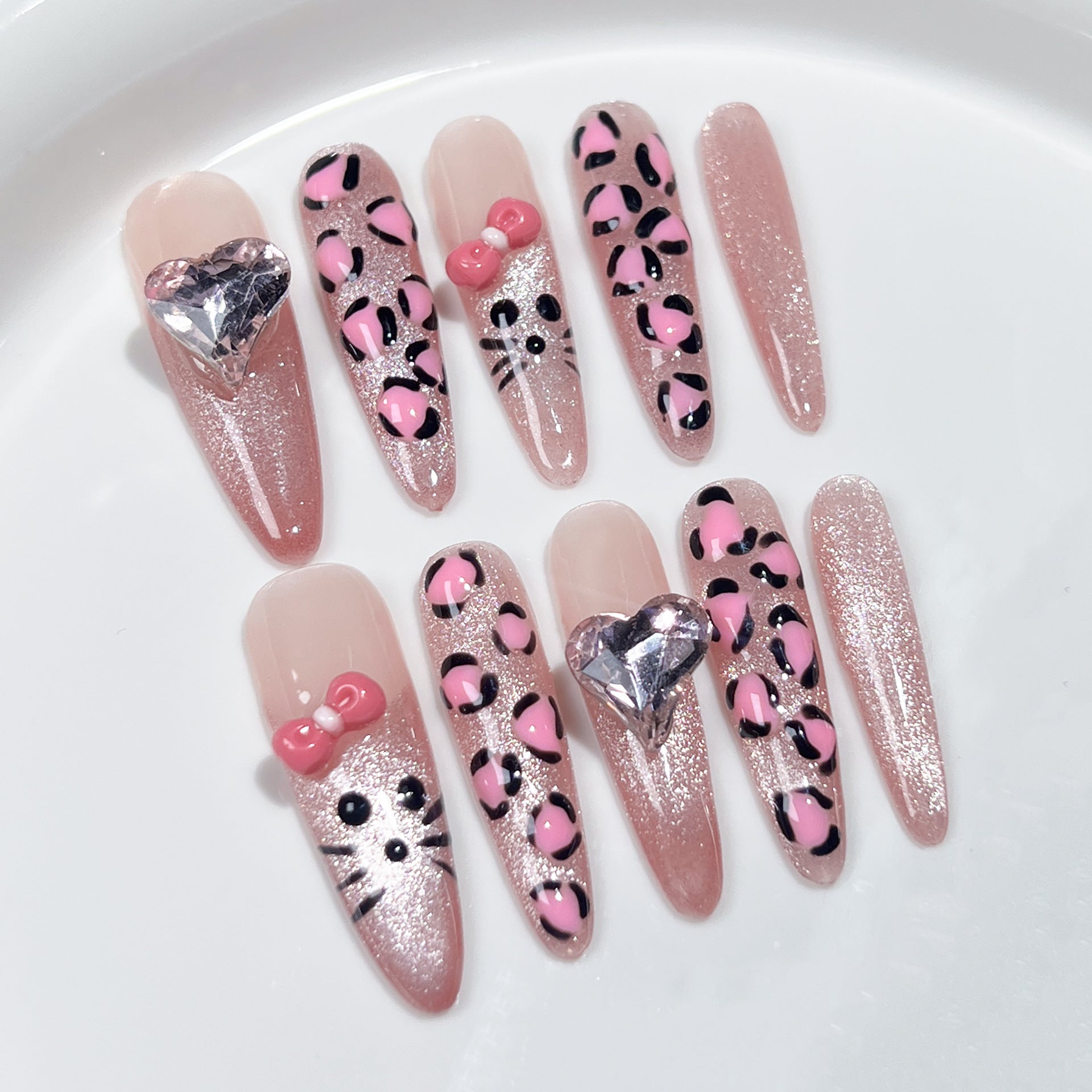 Uñas postizas hechas a mano con estampado de leopardo rosa, diseño de gato, dibujos animados, lazo para niña dulce | 365nails