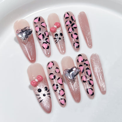 Handmade Press-on Nails Pink Leopard Print Cat Creative Cute Cartoon Sweet Girl Bow Nail Art｜365nails
