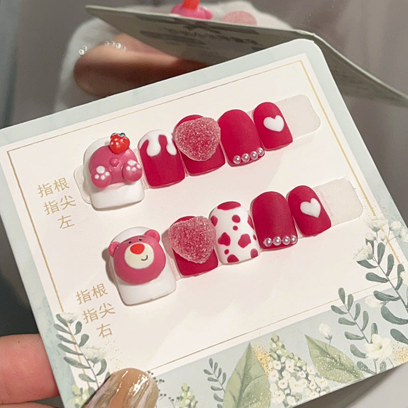 Three-dimensional cartoon strawberry bear pure handmade press-on nails removable nail art autumn and winter short hand-painted love nail art｜365nails