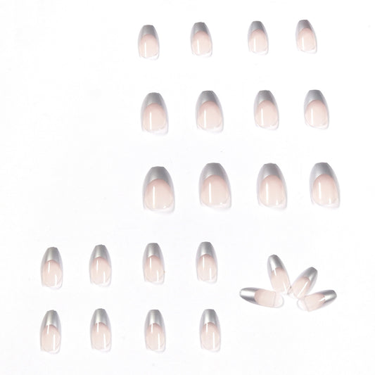 Simple mirror silver French short ballet wear nail art finished fake nail nail art patch nail patch removable｜365nails