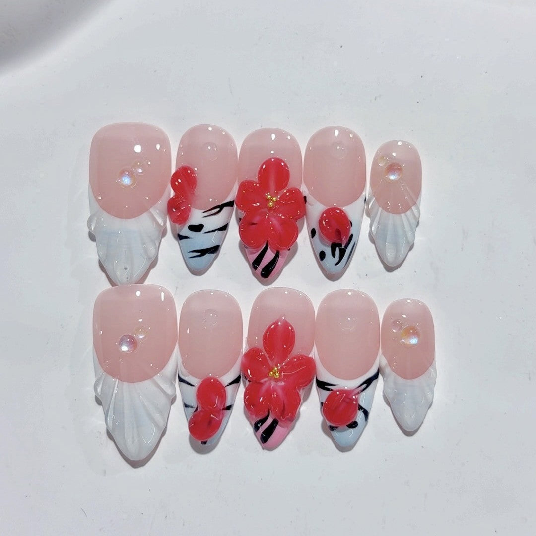 365nails-Plum Blossom & Shell: "紅色花卉貝殼" – 中長款杏仁形手工製穿戴甲