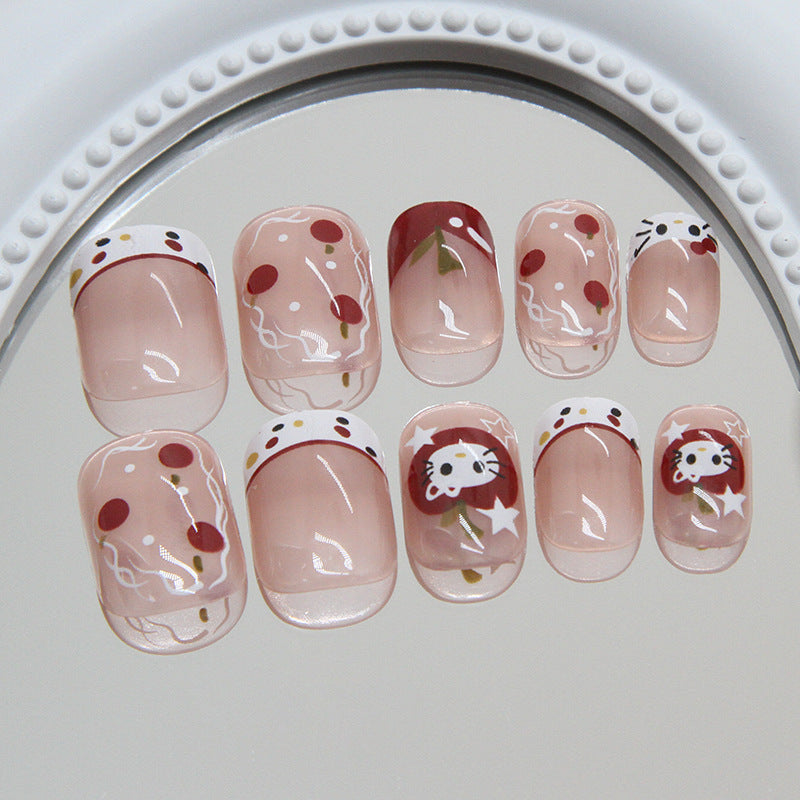 Desenhos animados de bolinhas francesas, estrelas, fofas, moda feminina, versátil, destacável, arte de unha vestível, 24 peças ｜ 365 unhas