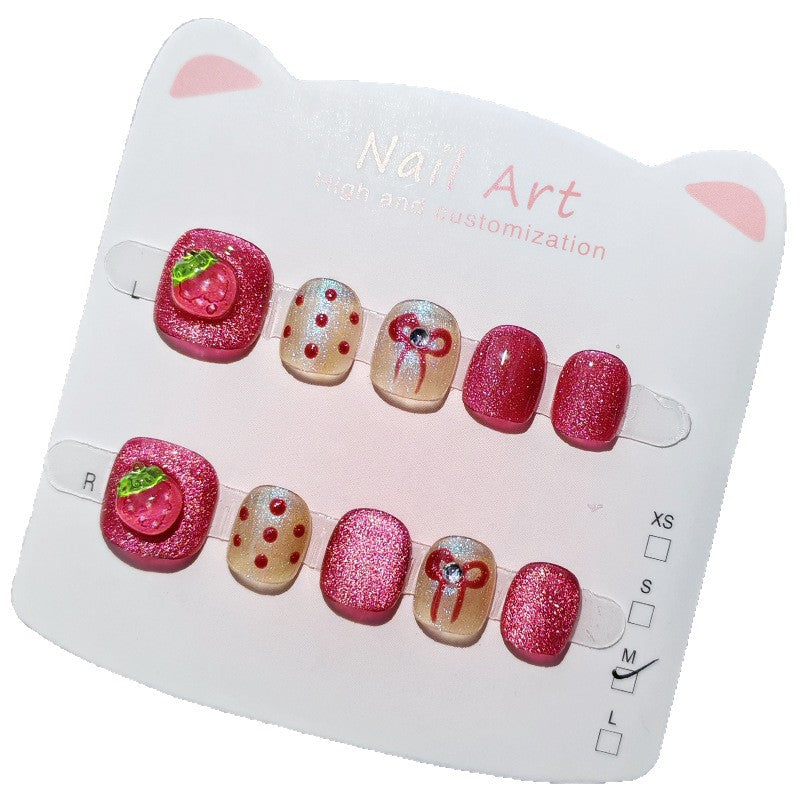 365nails: "doçura de morango cintilante" – unhas postiças redondas curtas artesanais para crianças
