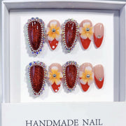 Tropical Bloom: "Plumeria Ruby" – Almond Shape Handmade Press-On Nails