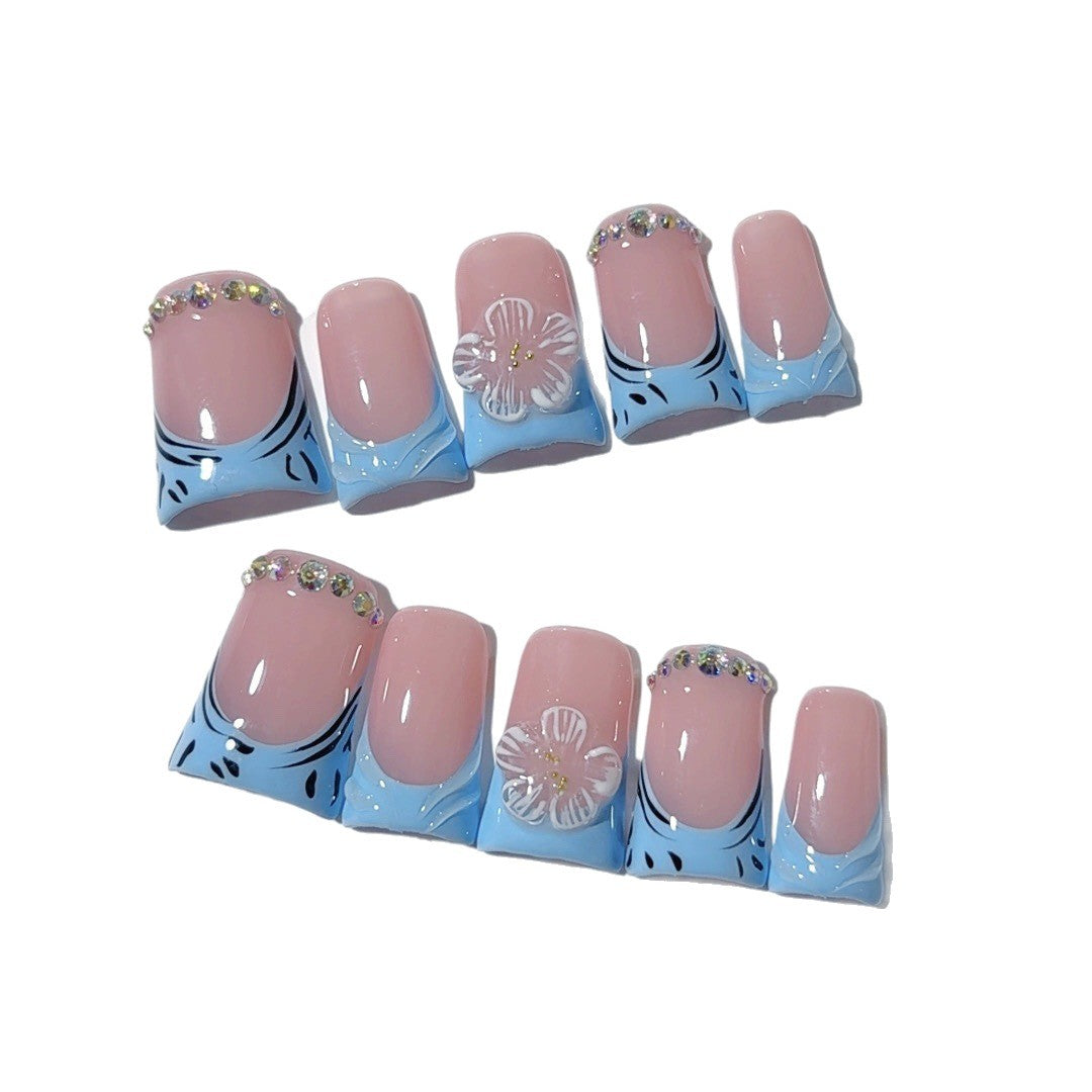 Série Ice Bloom: "Blue Ice Sakura" – Unhas Postiças Quadradas Curtas Feitas à Mão