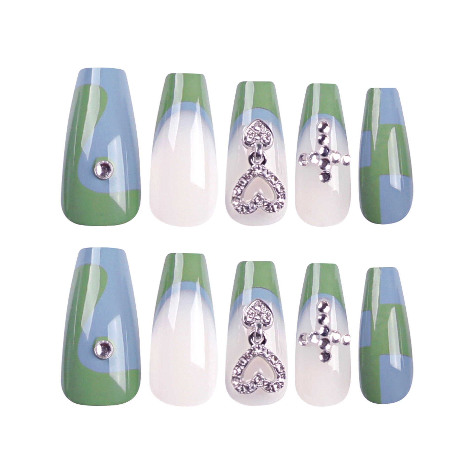 "Mint Heart Charm Coffin" – Color-block & Rhinestone Press-on Nails
