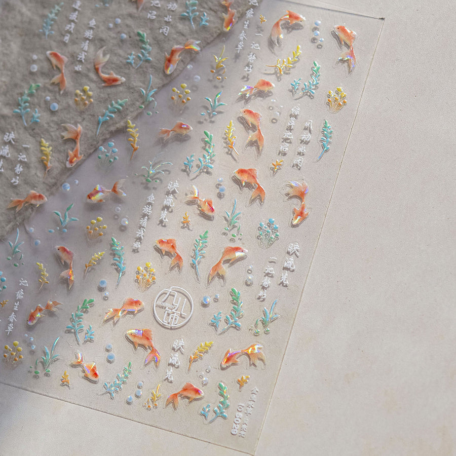 Holographic Goldfish & Aquatic: "Moonlight Pond" – 3D Nail Sticker