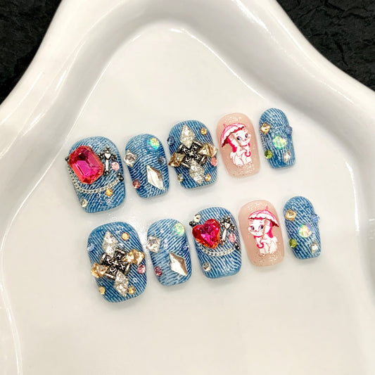 Cool Spice Girls Color Diamond Style Kitten Short Handmade Wear nails | 365nails