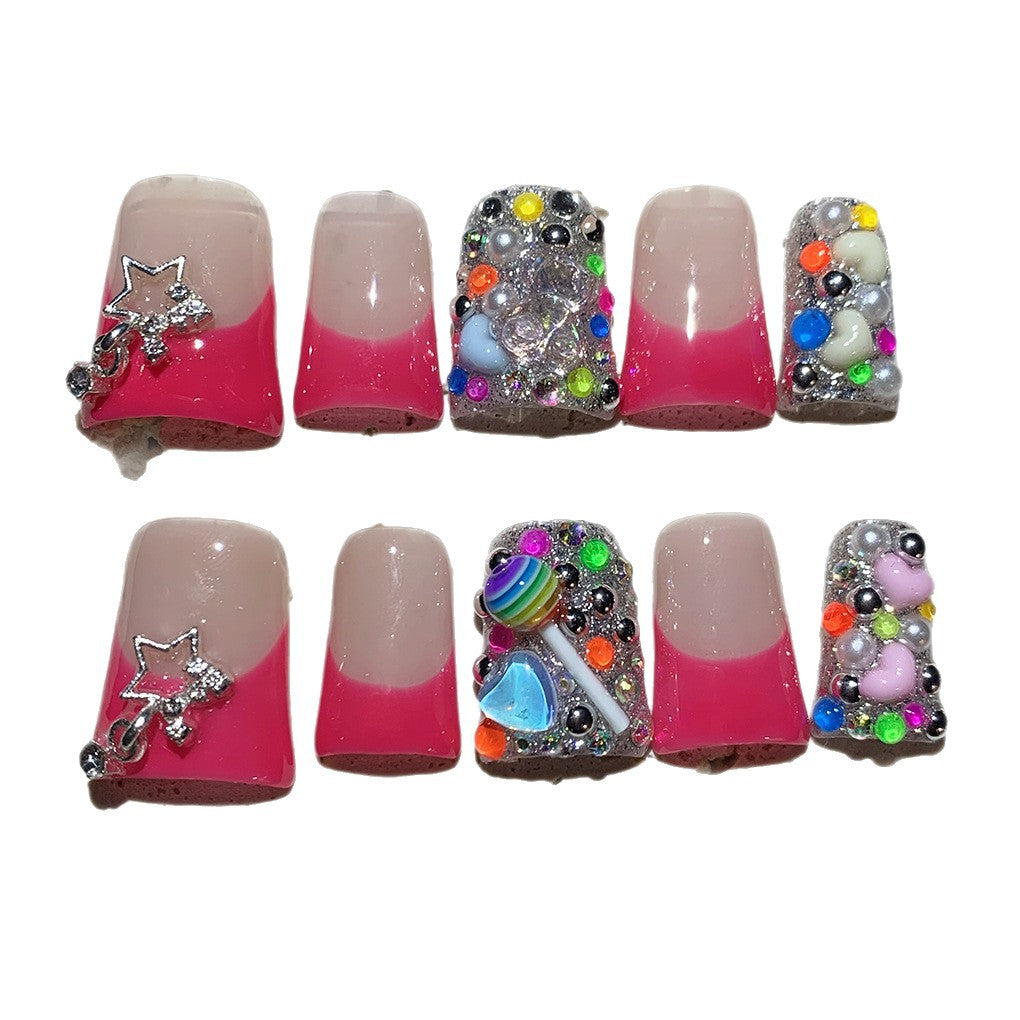 Red Gradient Nails with Star and Multicolor Crystal Accents