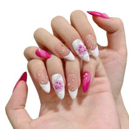 Beautiful and exquisite hand-squeezed ice flower almond rose red white French handmade nails | 365nails
