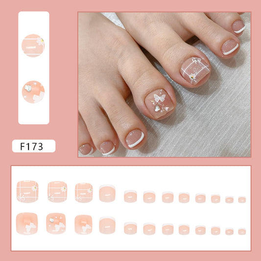 Sueño ligero Mariposa blanca Rubor Amor Destello Diamante Perla ins Viento Uñas de los pies a presión Acabado de uñas Extraíble 24 piezas｜365nails