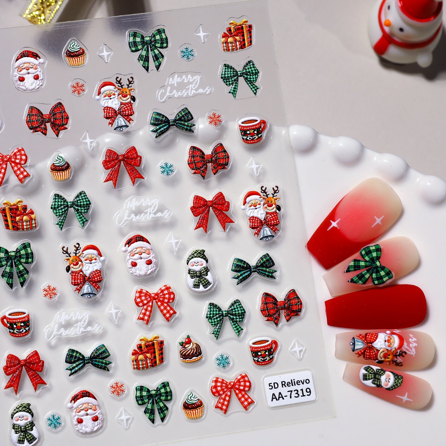 Original Christmas snowman manicure sticker 5D relief three-dimensional colored Christmas tree DIY nail sticker jewelry AA