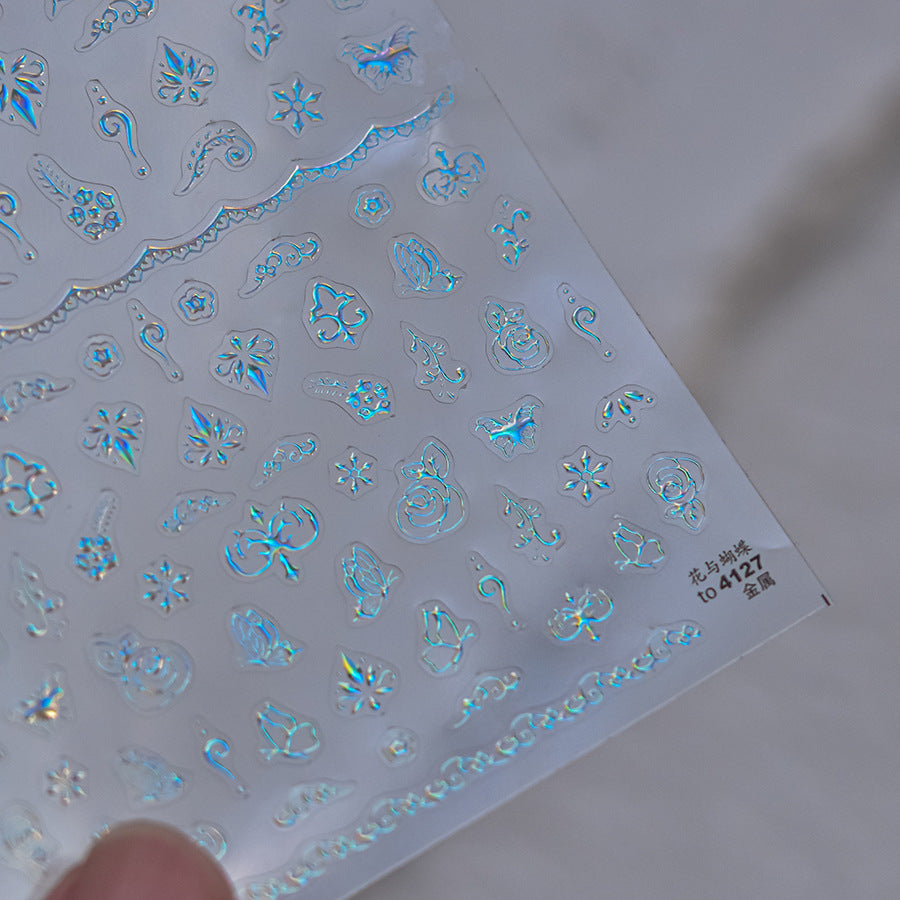 金屬感花卉與藤蔓指甲貼紙 - 5D 立體壓紋奢華東方風套組