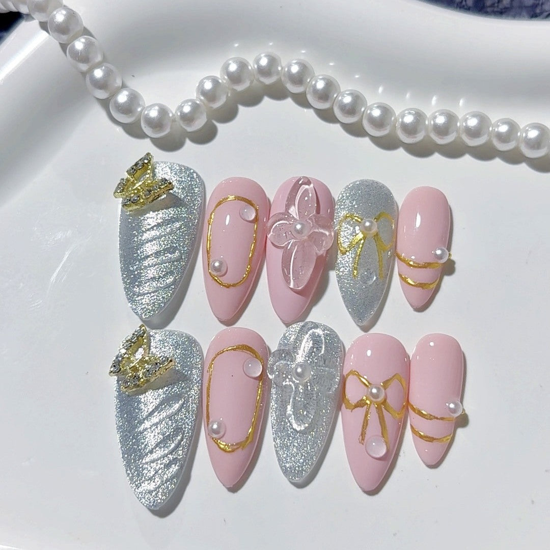 365nails-芭蕾夢：「粉色與金色蝴蝶結」– 中長款杏仁形手工製甲片
