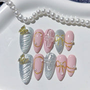 365nails-芭蕾夢：「粉色與金色蝴蝶結」– 中長款杏仁形手工製甲片
