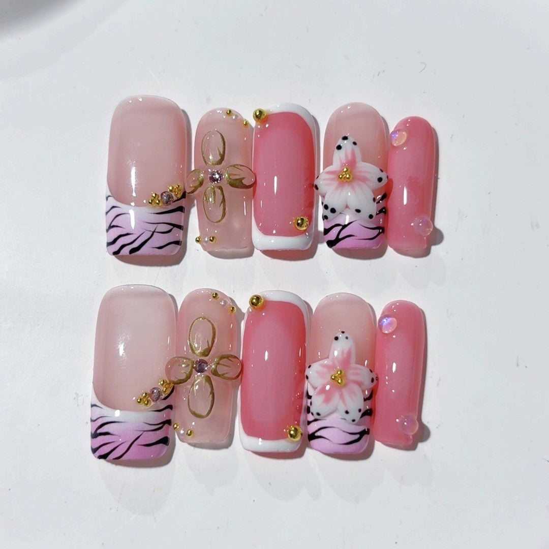 365nails-Pink Wildcat: "Zebra Flower" – Square Handmade 3D Carved Press-On Nails
