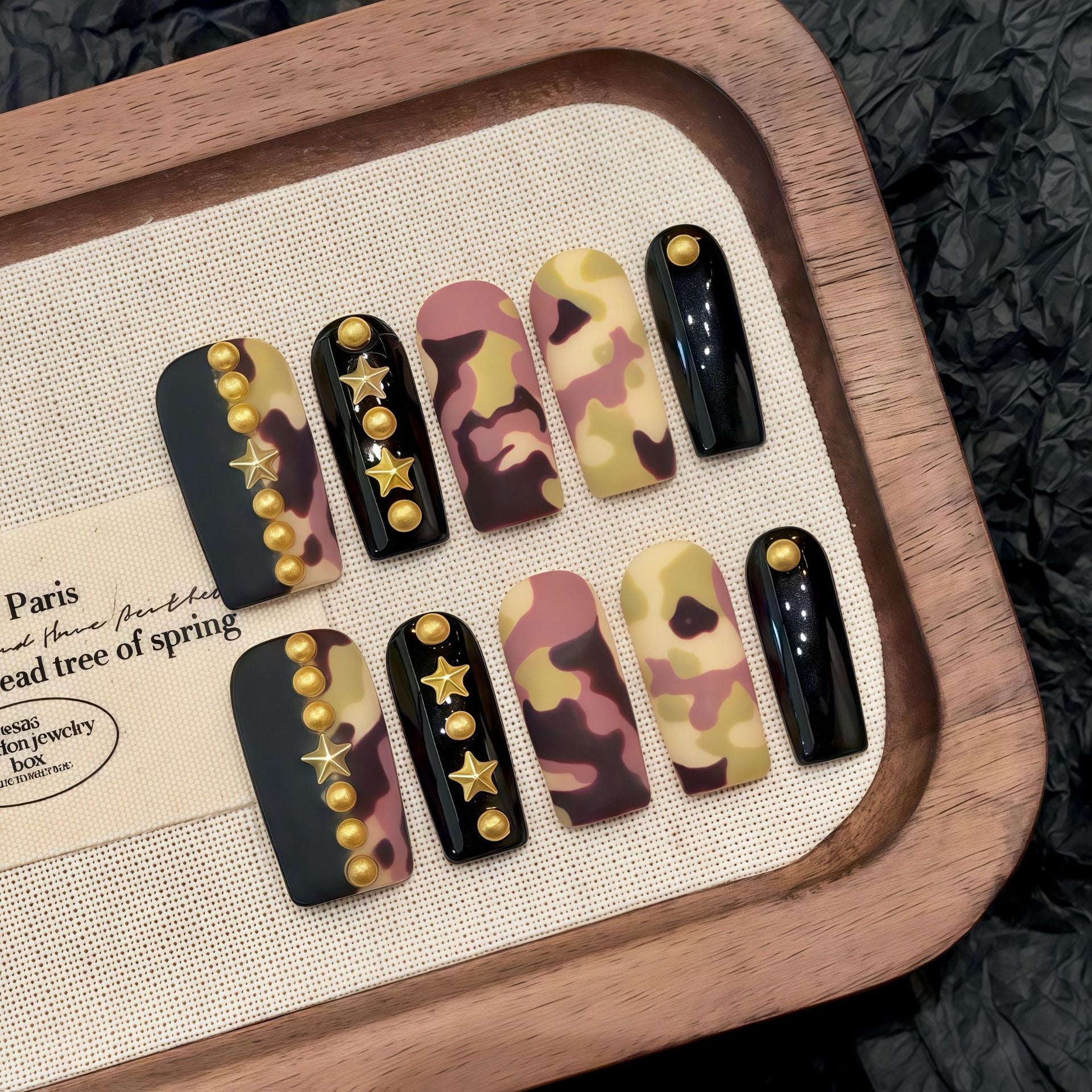 Diseño de uñas, estampado de camuflaje de la selva tropical china de verano, estrella de cinco puntas, uñas postizas extraíbles | 365nails