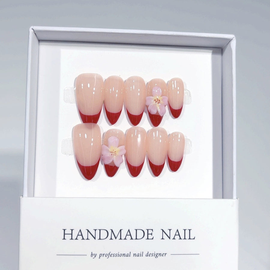 Cherry Blossom French: "Nude Red Flower" – Short Square Shape Handmade Press-On Nails