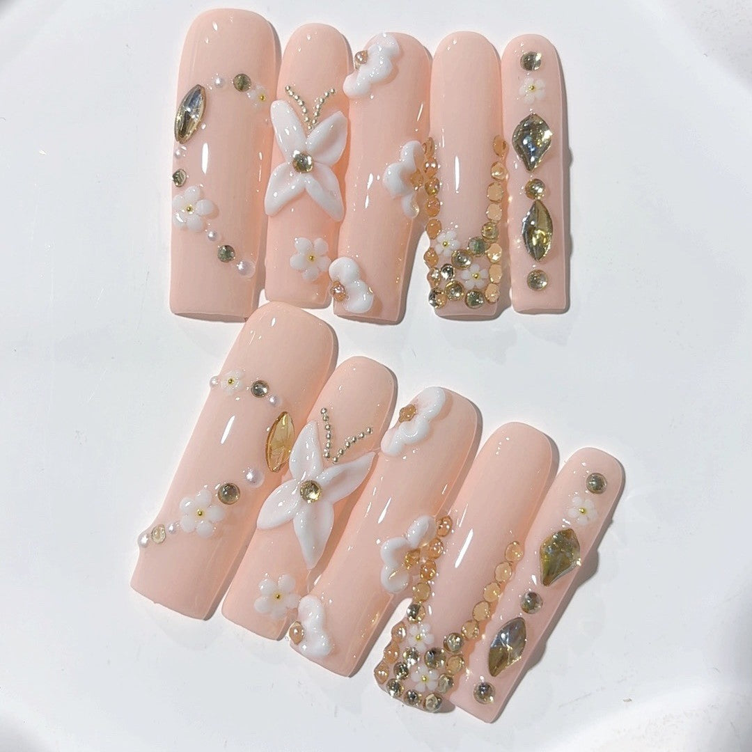 Peach Blossom Pearl Crystal Press On Nail Set