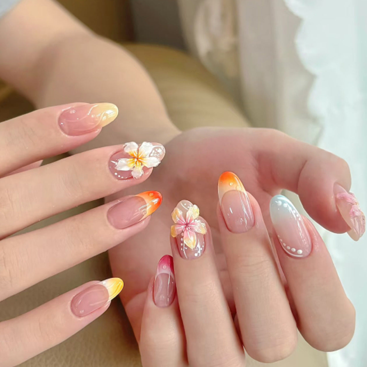 fashion color 3D flower manicure French fresh  short  press on nails｜365nails