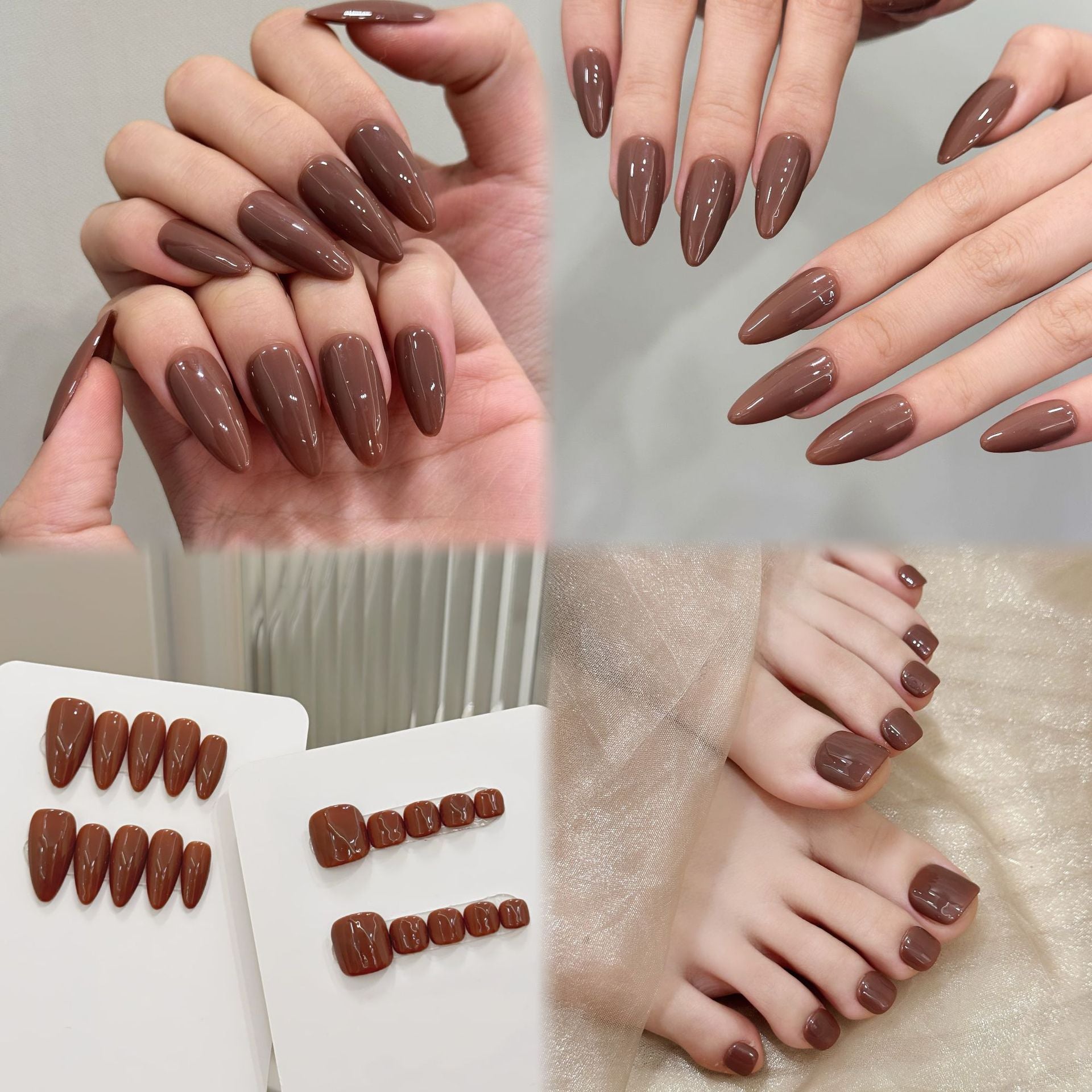 Solid color whitening simple almond nail glossy Maillard brown hand and foot set handmade nails | 365nails