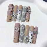 Neutral Leopard Crystal Floral Press On Nail Set