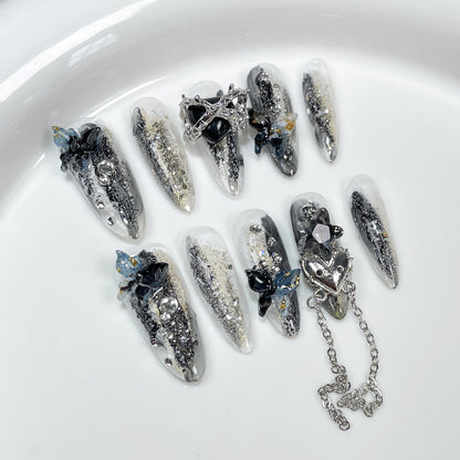 Uñas postizas hechas a mano, diseño de Sweet Cool Spice Girl, parches medianos y largos con diseño de mariposa irregularmente manchado | 365nails