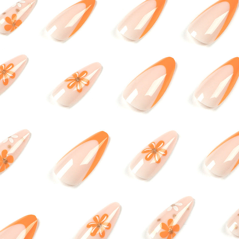 네일 아트 탭 도매 — 프렌치 오렌지·화이트 꽃 탈착형 프레스온 네일｜365nails