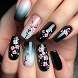 Black gradual change nail piece New Chinese plum blossom  Finished short ballet removable nail piece Wholesale｜365nails