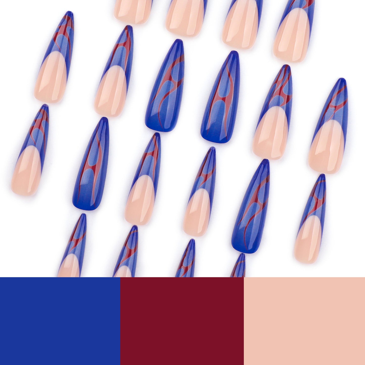 Long extra long pointed fake nail manicure piece French blue wearing nail  red flame pattern nail piece finished product｜365nails