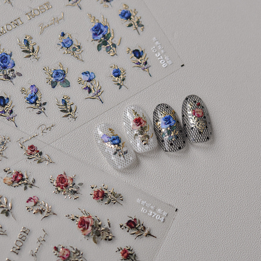 365nails: 復古紅玫瑰搭配金箔 指甲貼紙