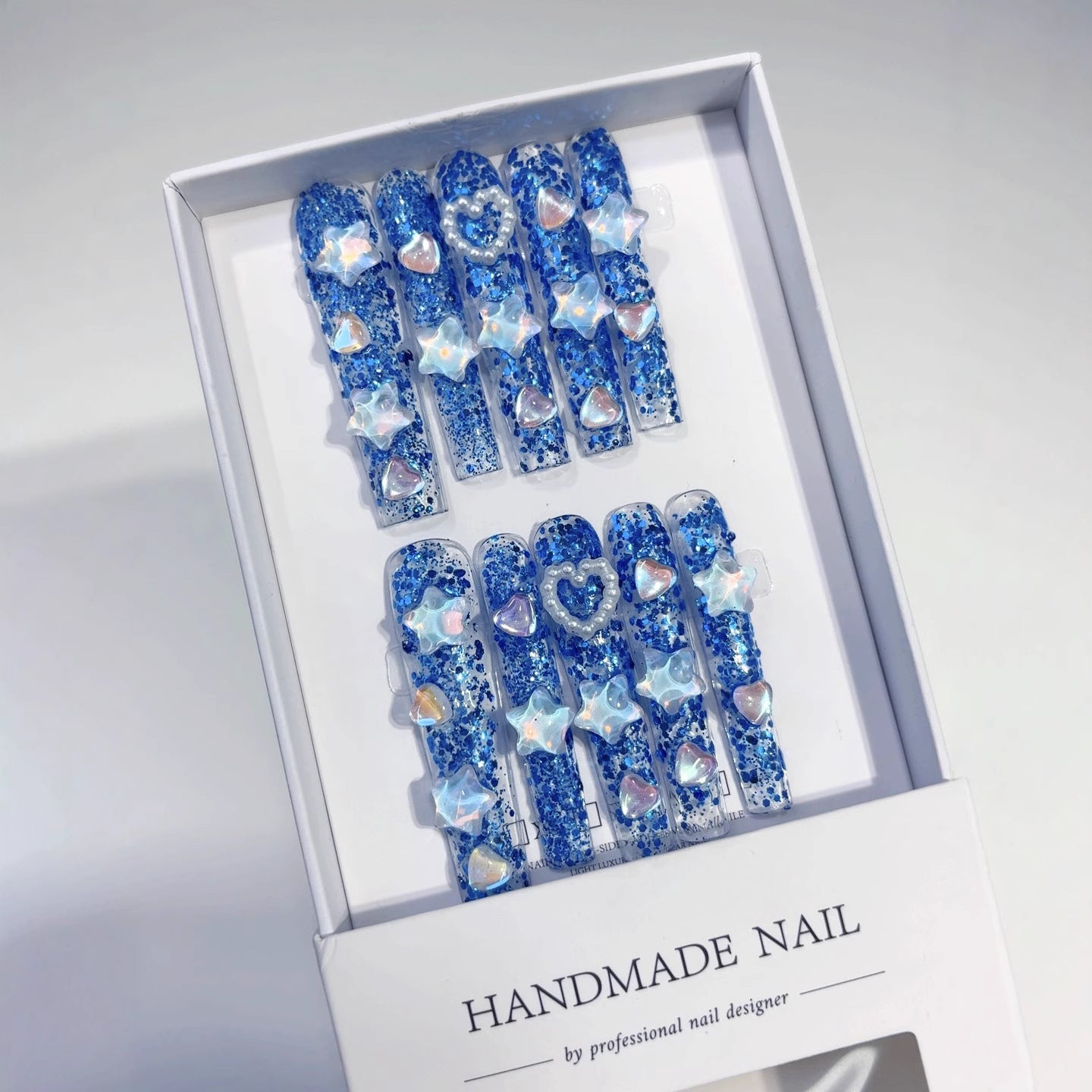 Ocean Blue Crystal Star Heart Glitter Press On Nails